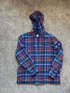 L.L. Bean Plaid Hooded Flannel Shirt Jacket in Burgundy, Navy & Green